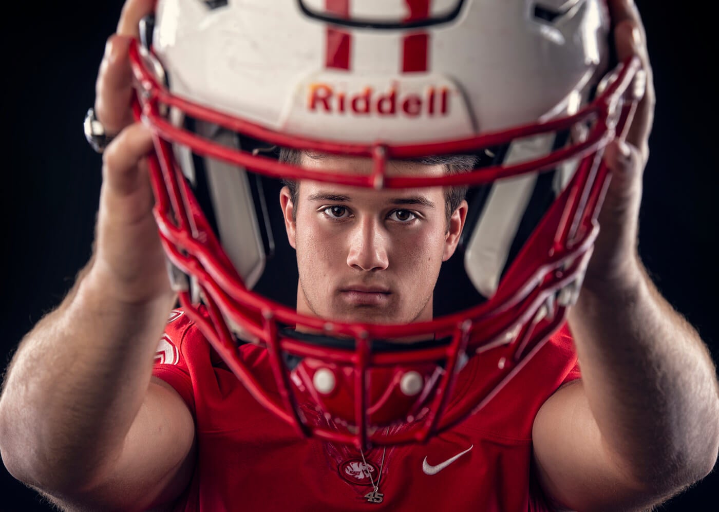 high school senior close up helmet